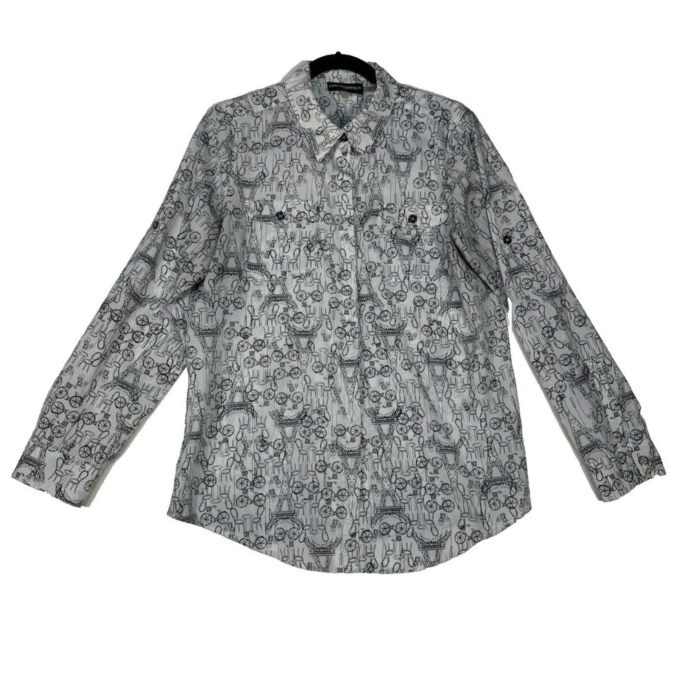 Karl Lagerfeld Paris Women's Graphic Print Long Roll Tab Sleeve Blouse Size M